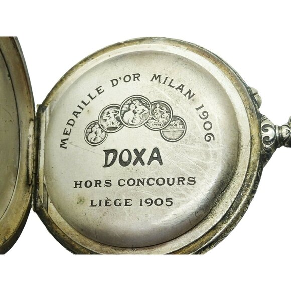 Large Antique 1906 Doxa Watch Hunting Party Silver Repousse Design - Picture 6 of 9